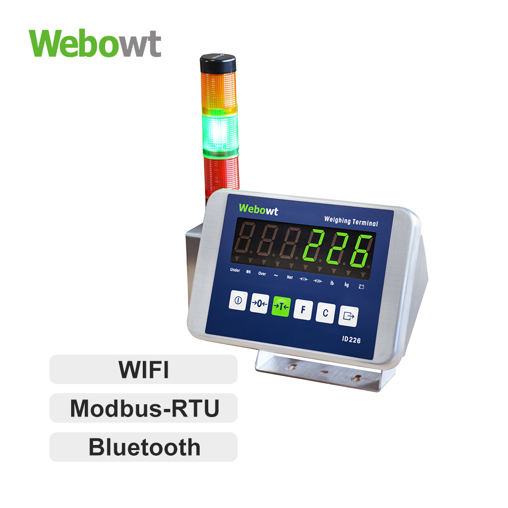 Order No. 822603M, Model No.:ID2265U0001-JD2, ID226, SS2 shell, IP66, Ethernet, 1 input, 3 relay outputs, green display, RS232+RS485(MODBUS-RTU),Round bracket,three color alarm light with sound alarm